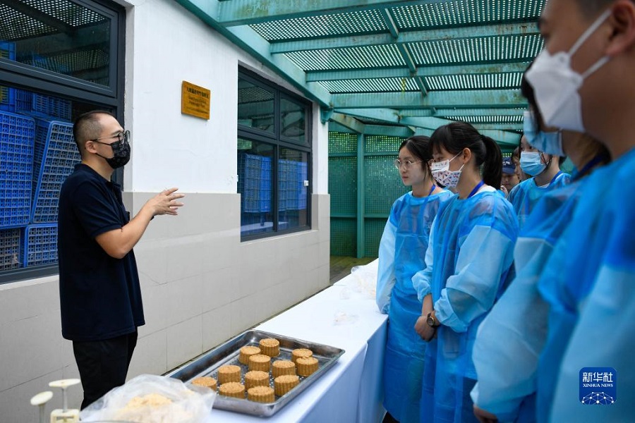 7月18日，在成都大熊貓繁育研究基地，動物飼養(yǎng)管理部主管袁博（左一）給參加體驗(yàn)營的兩岸大學(xué)生介紹大熊貓食物情況。新華社記者 胥冰潔 攝